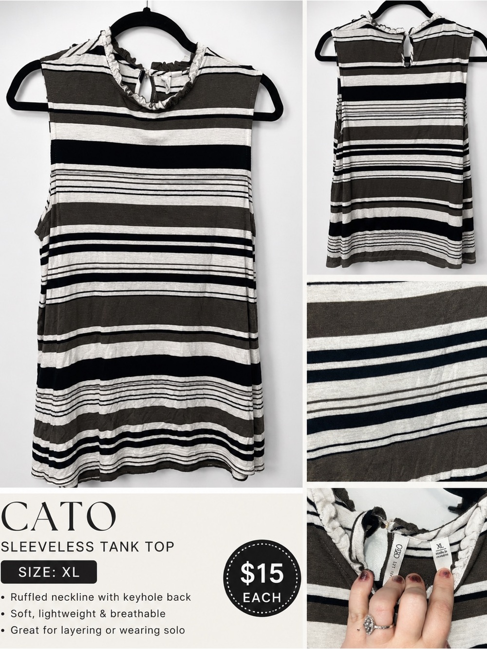 Cato Striped Sleeveless Tank Top in Black, White & Brown